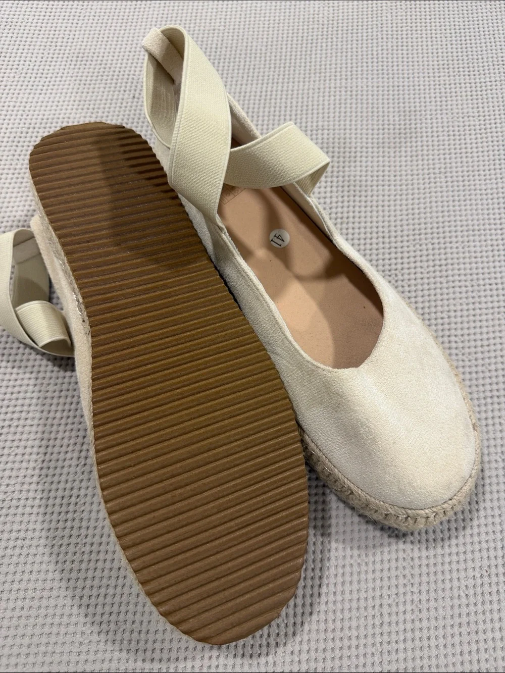 Women's Cream Espadrille Platform Flats with Ankle Wrap